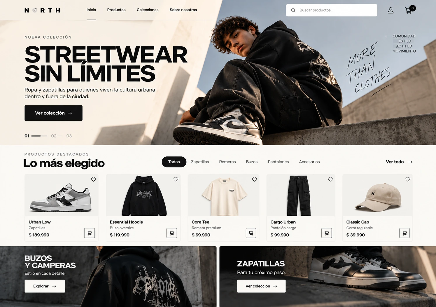 Concepto visual de tienda online streetwear con portada, productos destacados y categorías