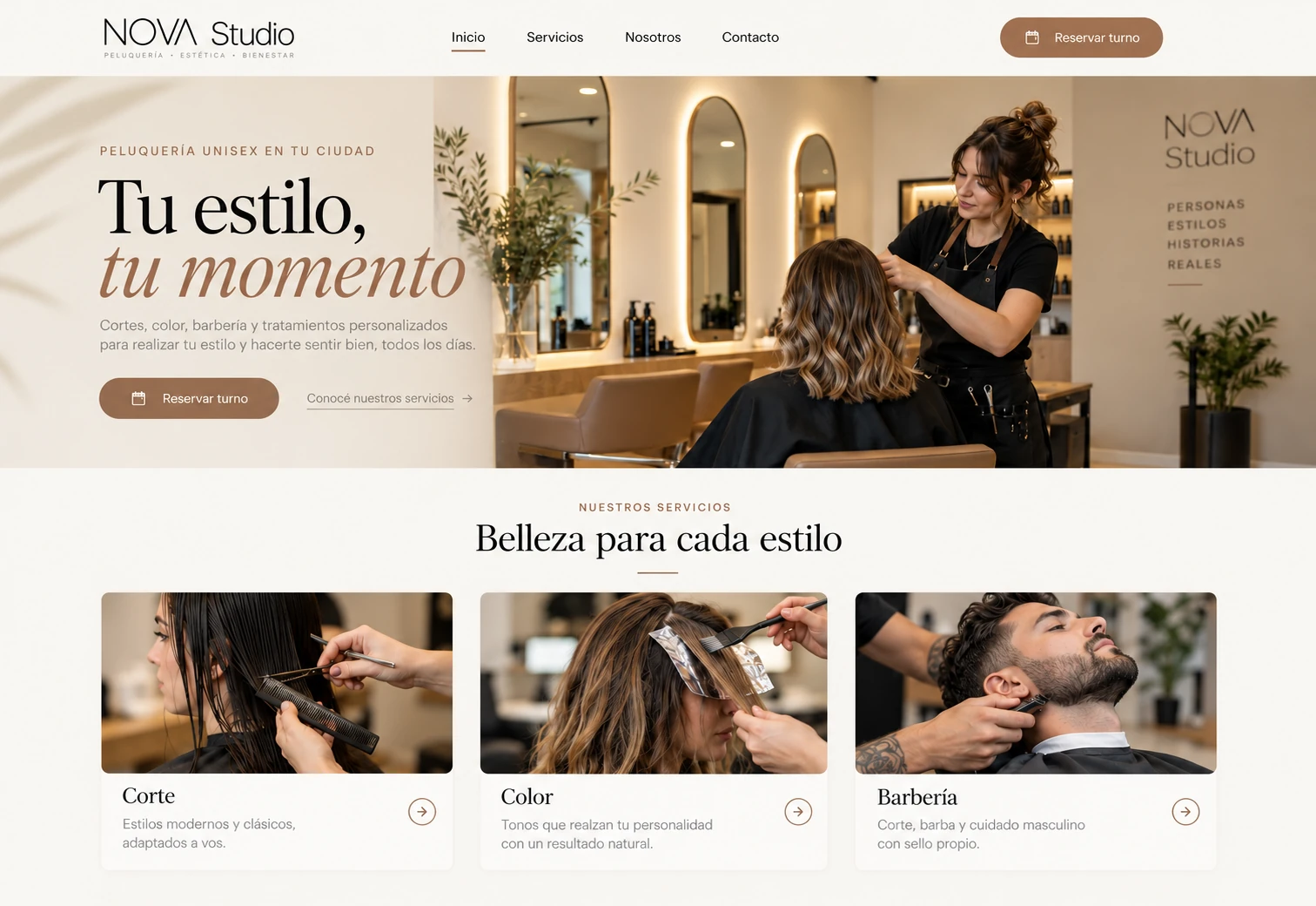 Concepto visual de NOVA Studio para una peluquería unisex, con portada y servicios de corte, color y barbería