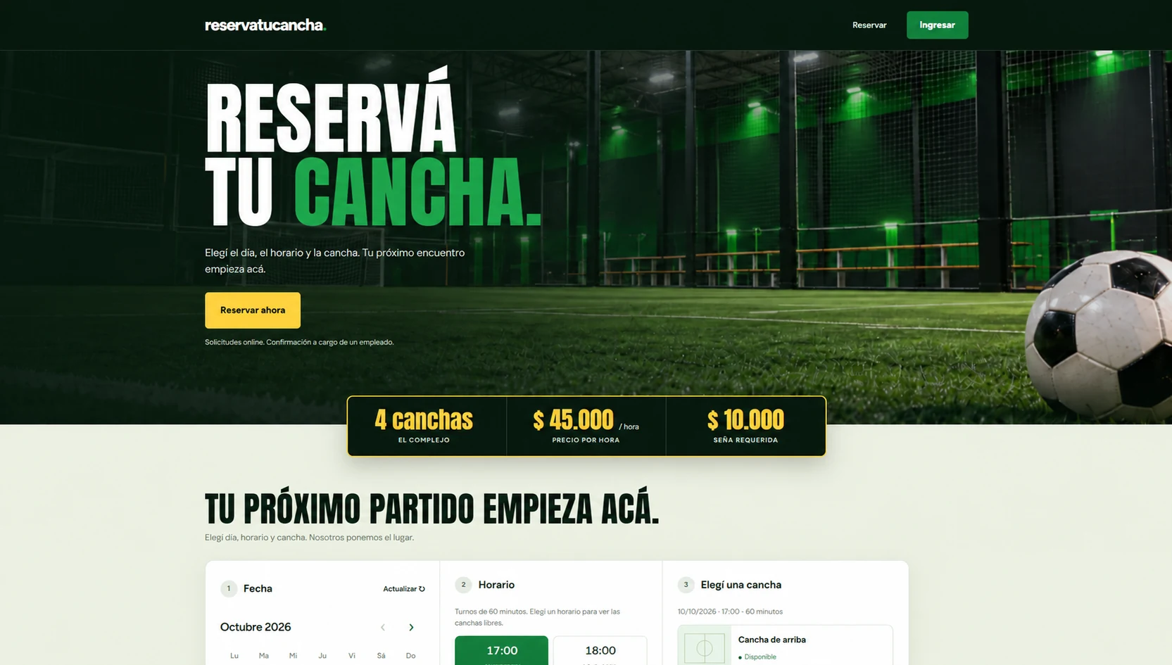 Portada del sitio de reservas de canchas, con acceso a reservas y vista previa del calendario