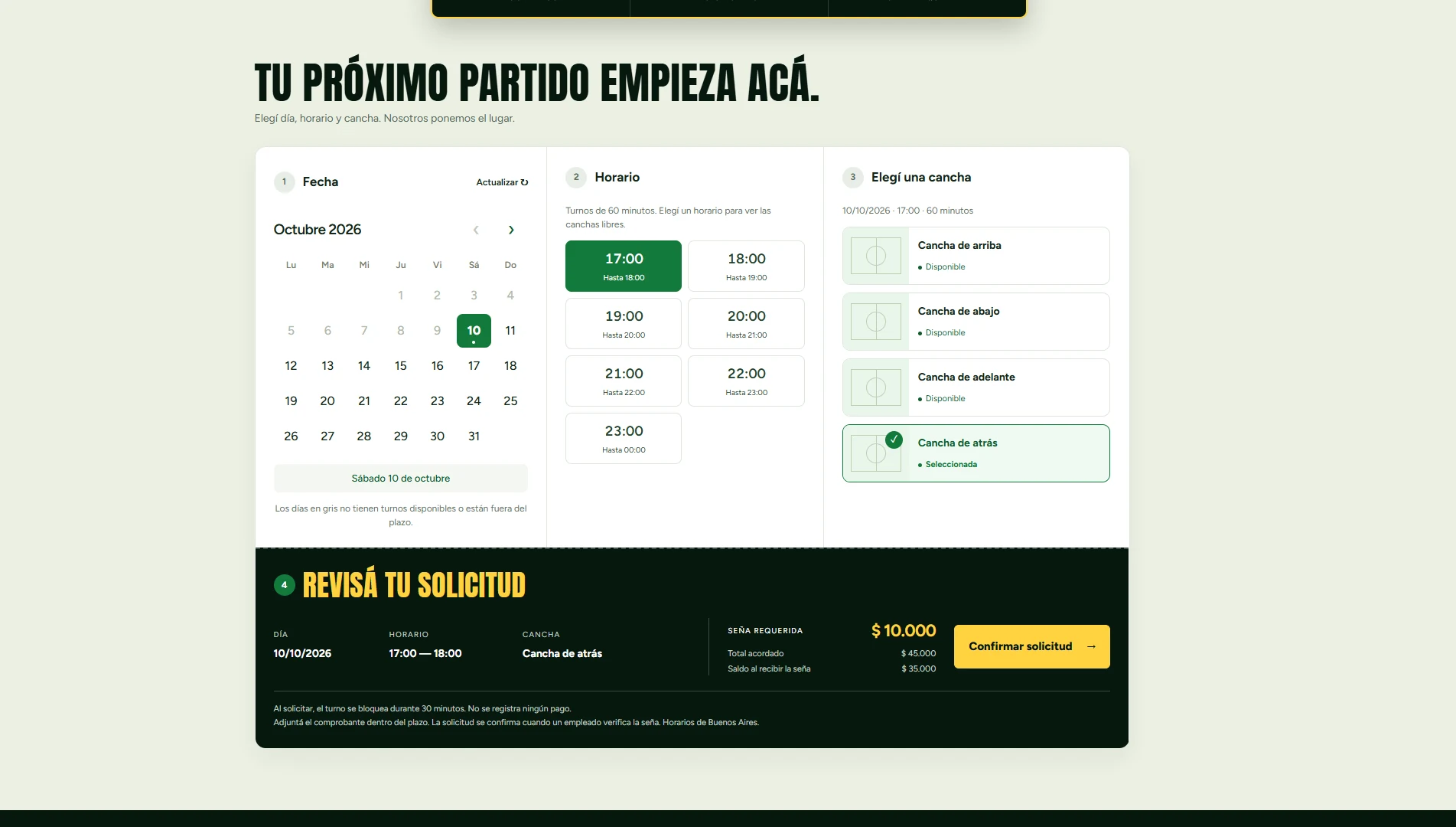 Proceso de reserva con fecha, horario y cancha seleccionados, y resumen de la solicitud